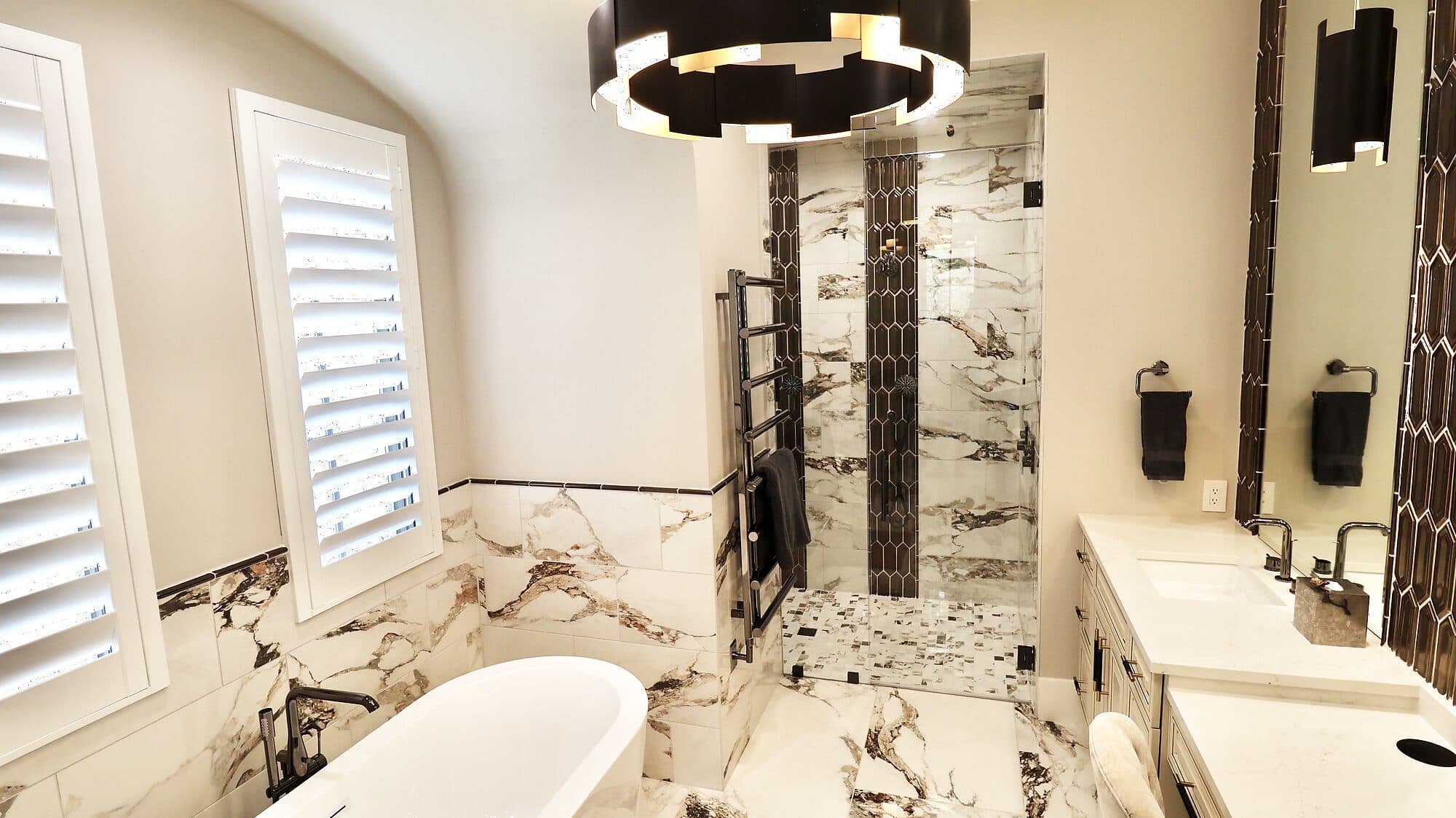 Marble master bathroom with a freestanding tub in a custom home in Nocatee, Florida